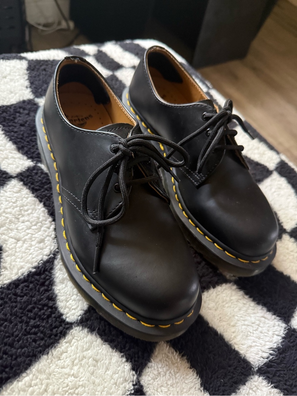 Dr. Martens Black Leather 3-Eye Derby with Yellow Stitching